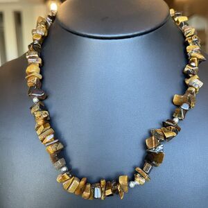 Vintage 70s Tiger’s Eye Polished Chips & Silver Tone Beads 18” Necklace Beauty